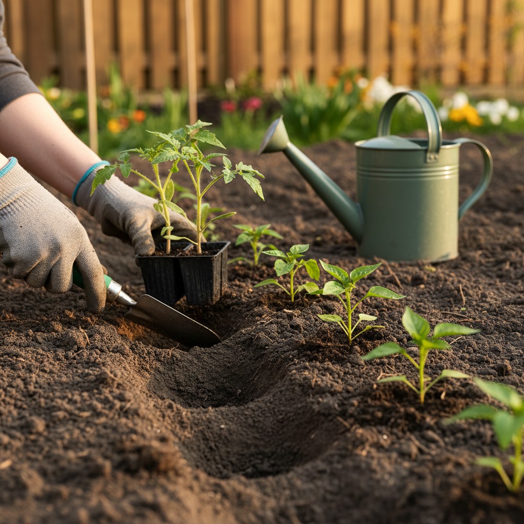 Tomato and pepper seedlings being transplanted into a prepared garden bed