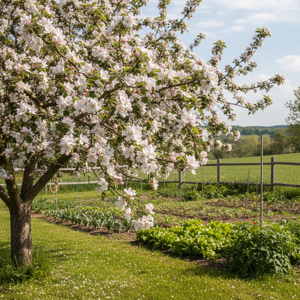 A fruit tree in full bloom with bees working the blossoms