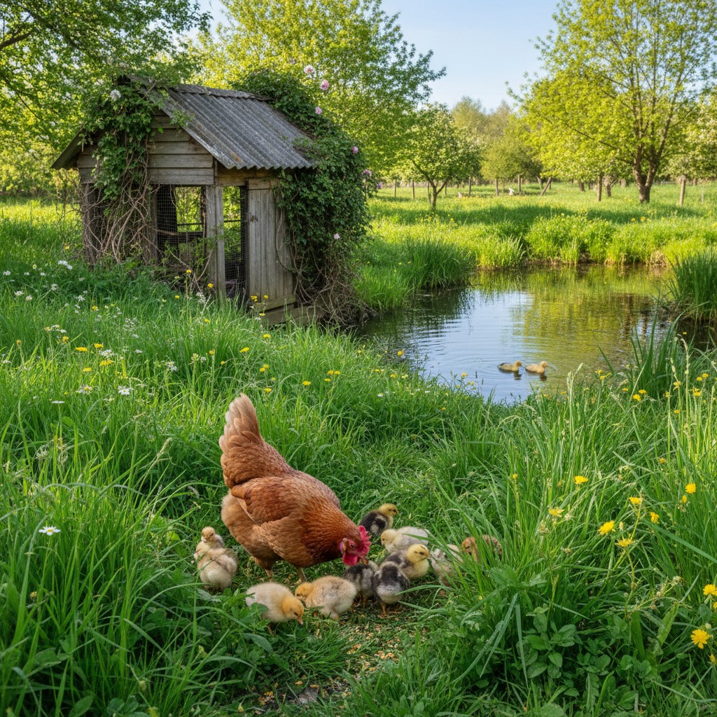 A mother hen with chicks foraging in green grass near a coop in spring