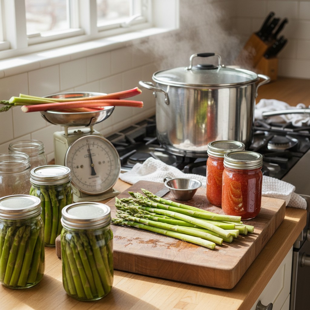 Jars of pickled asparagus and rhubarb jam on a kitchen counter