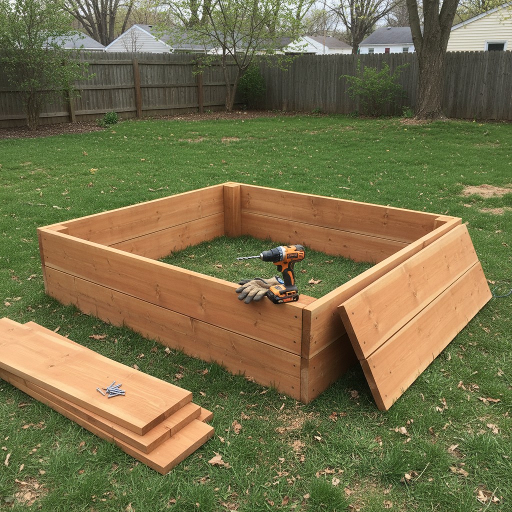 A raised garden bed being built from cedar boards in a backyard