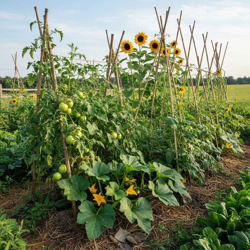 A June garden at peak growth with tomatoes, squash vines, pole beans, and sunflowers
