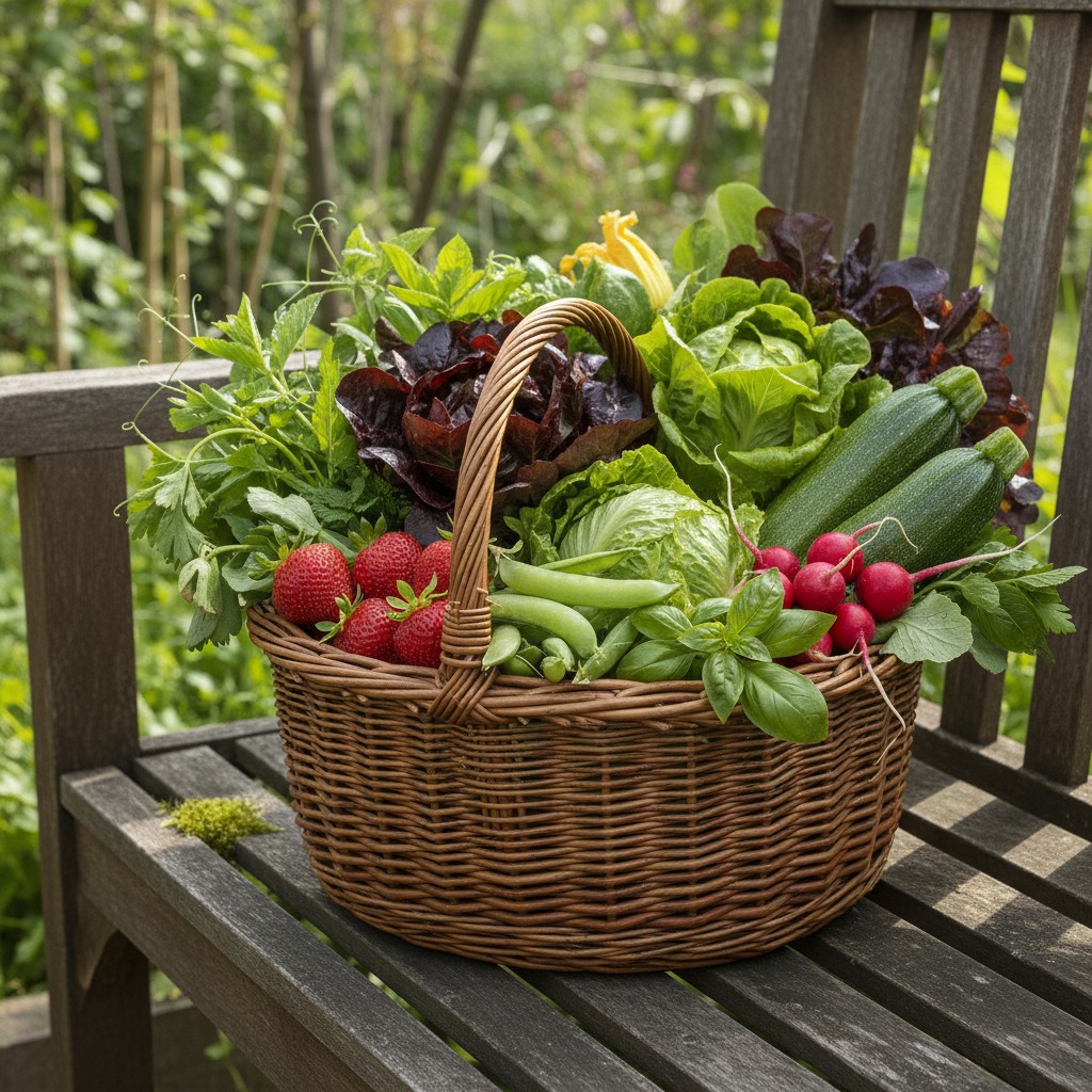 A harvest basket with strawberries, snap peas, lettuce, radishes, and the first zucchini