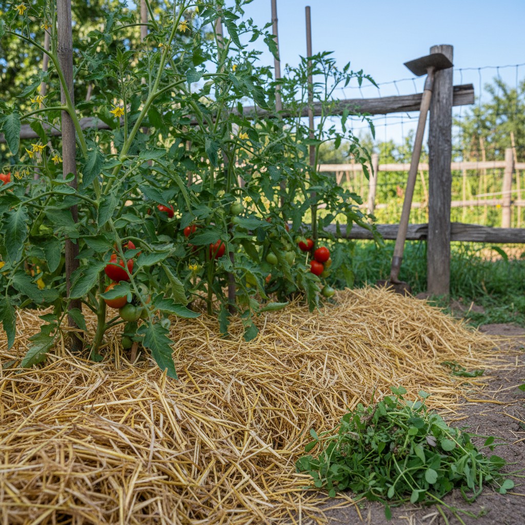A mulched garden bed with straw around tomato plants and a hoe leaning on a fence