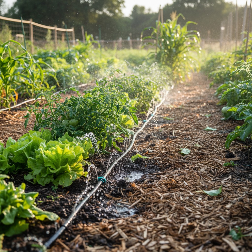 Drip irrigation running along vegetable garden rows in early morning