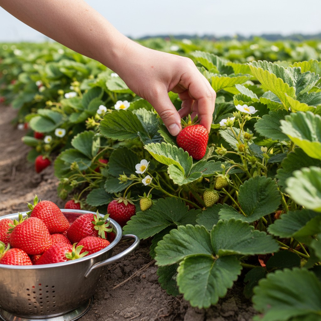 Ripe strawberries being picked from a strawberry patch into a colander
