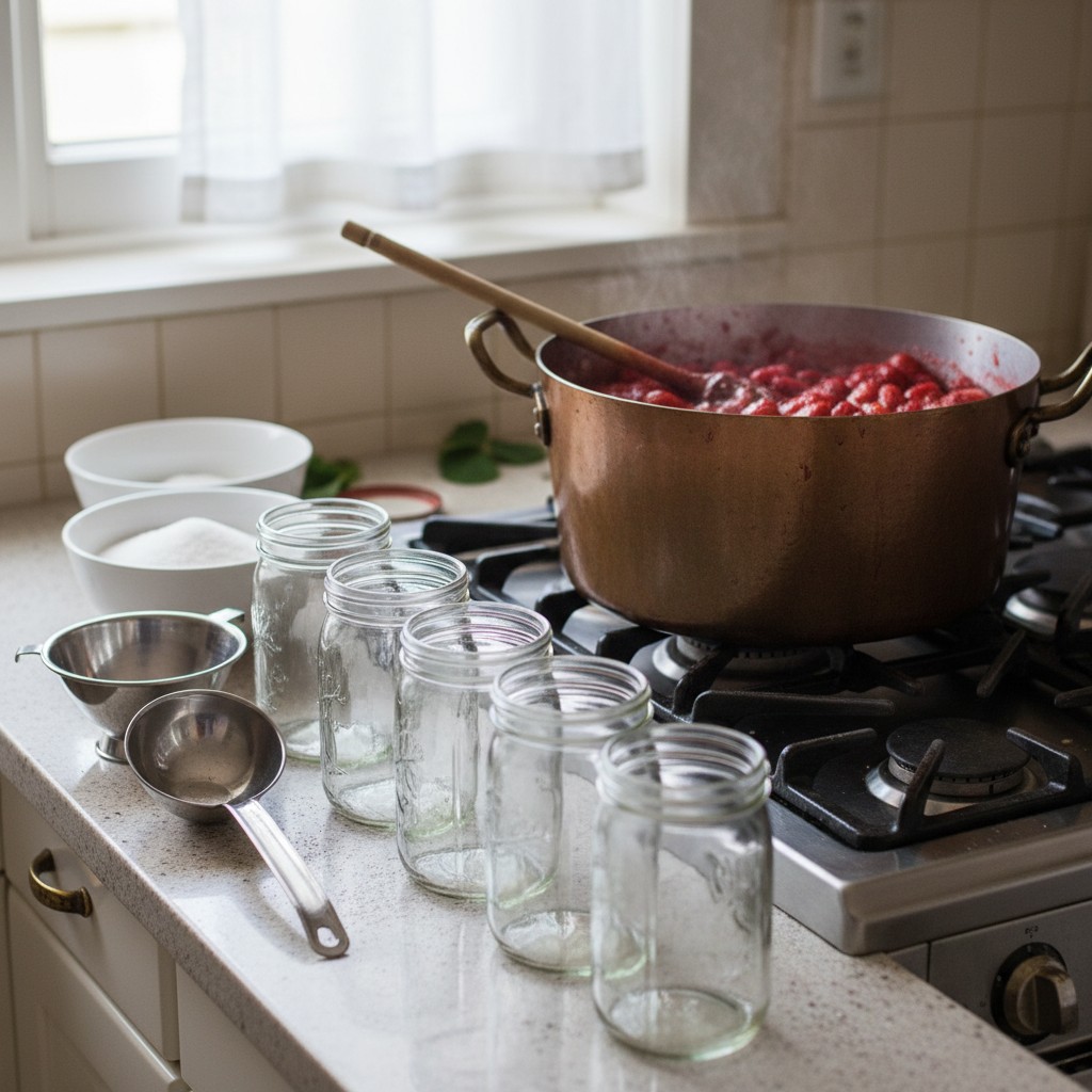 Strawberry jam being made with a pot on the stove and mason jars lined up