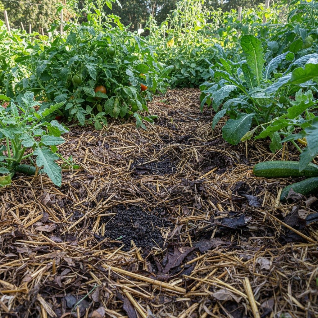 A thriving no-till garden bed with deep straw mulch and healthy vegetables