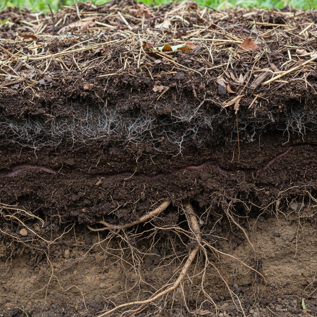 Cross-section of healthy no-till soil showing mulch, humus, fungal hyphae, and earthworm tunnels