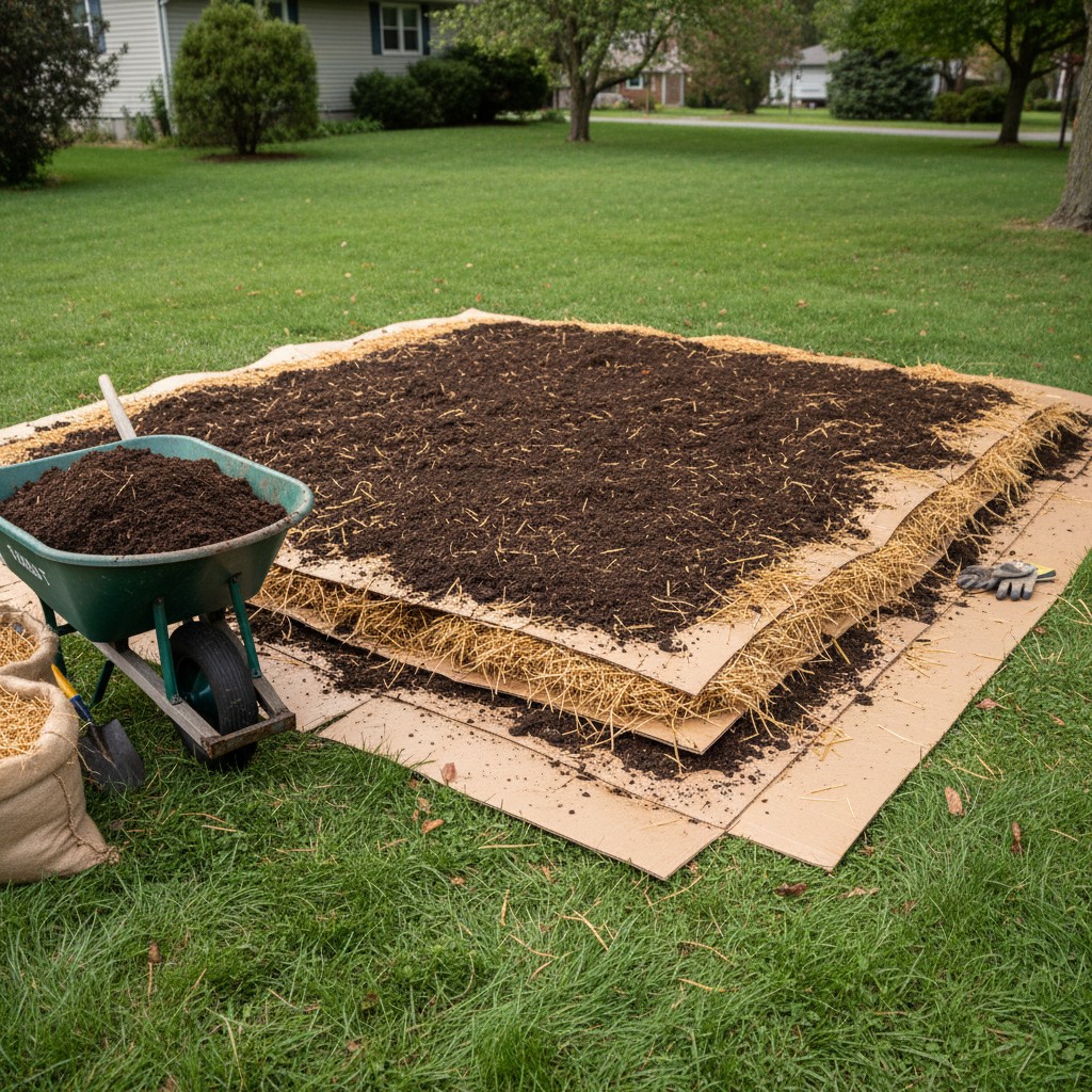 Sheet mulching a new garden bed with cardboard, compost, and straw on a lawn