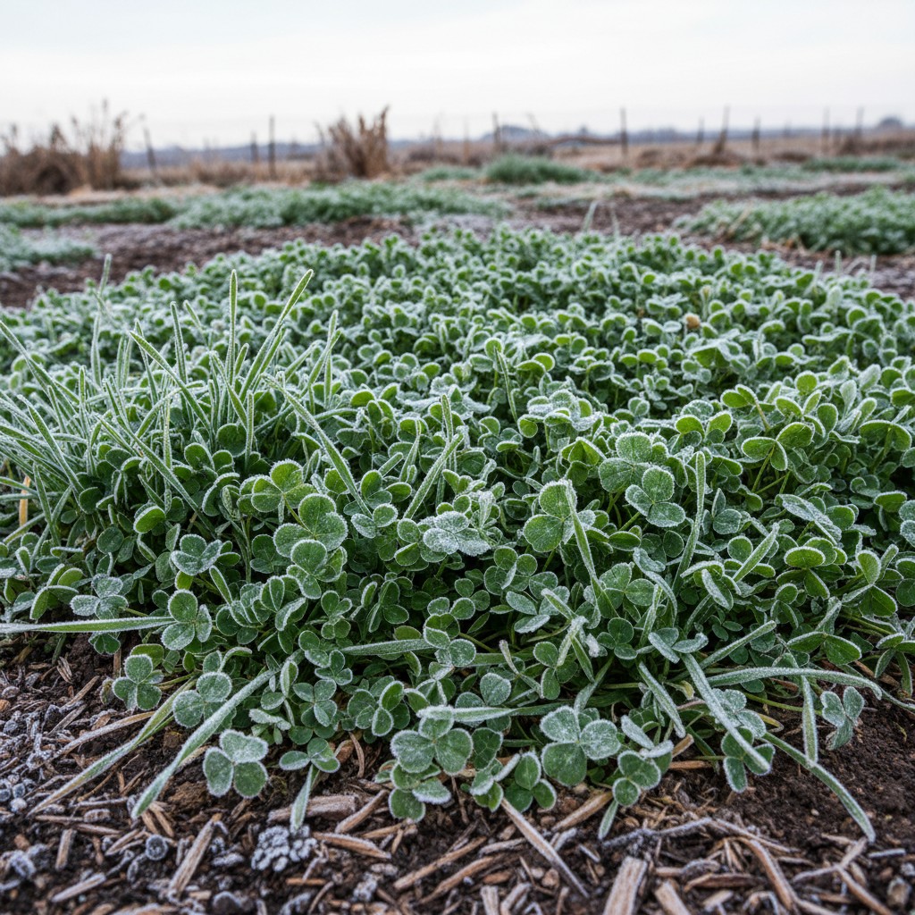 Winter cover crop of crimson clover and winter rye protecting garden soil