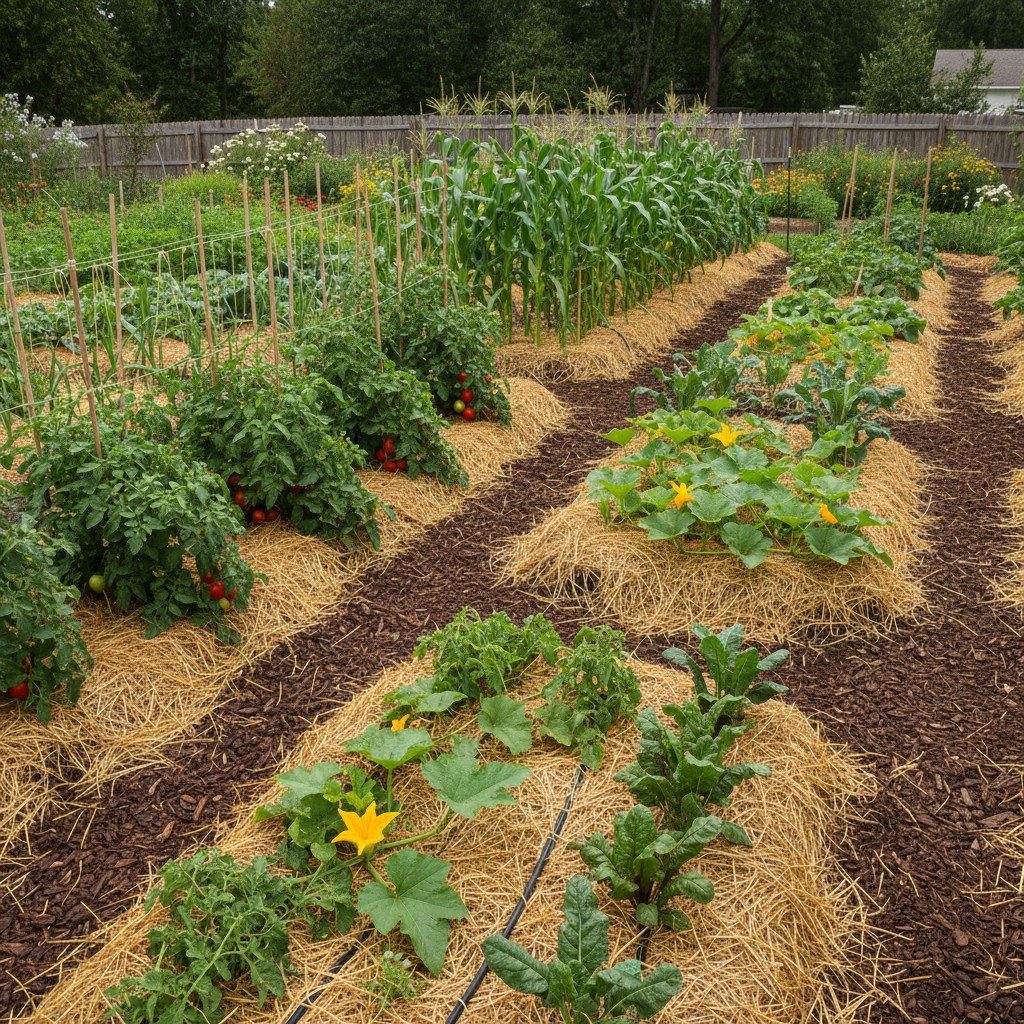 A no-till garden with deep wood chip paths and straw-mulched beds