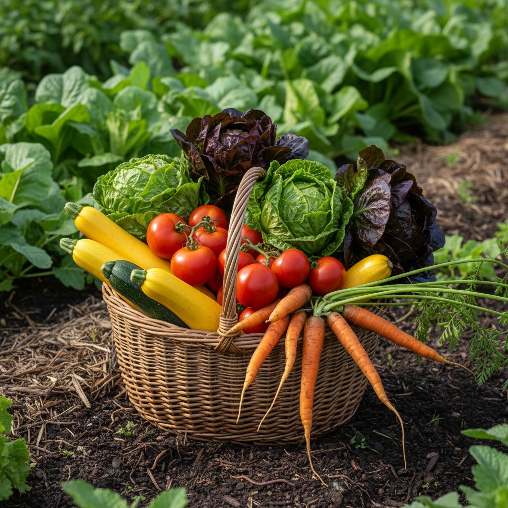 Abundant harvest of tomatoes, lettuce, carrots, and squash from a no-till garden