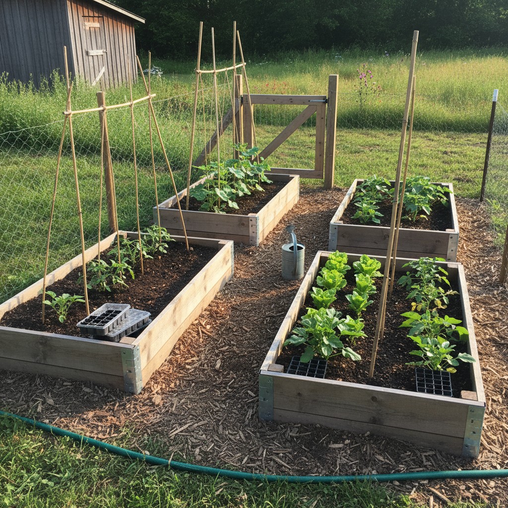 A simple beginner vegetable garden with four raised beds and string trellises