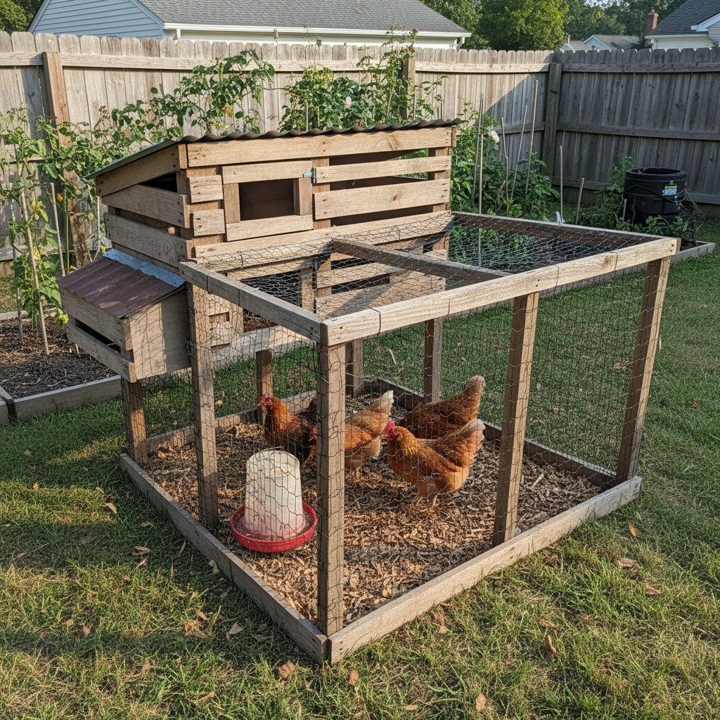 A small chicken coop made from reclaimed wood with hens in a modest run