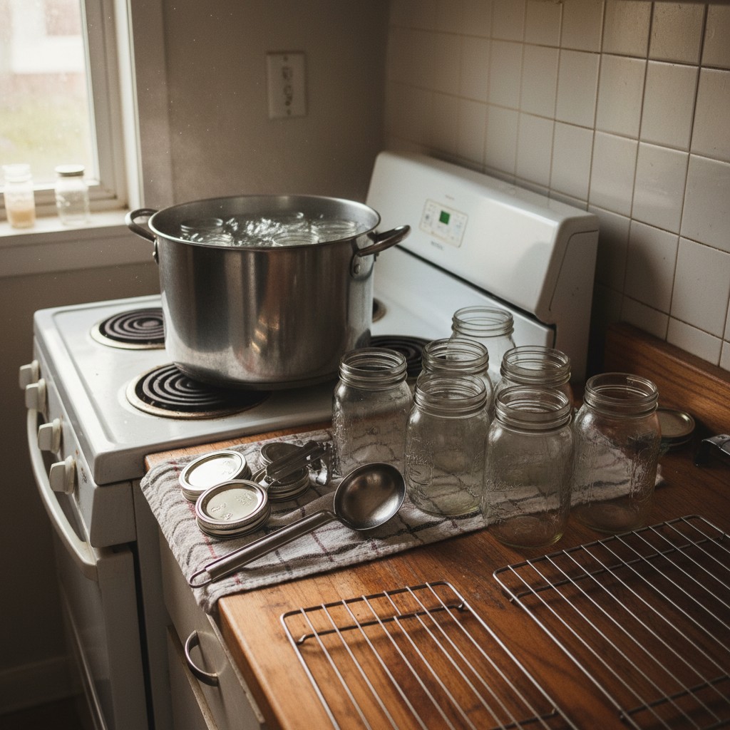 A basic canning setup with a stock pot, mason jars, and simple utensils