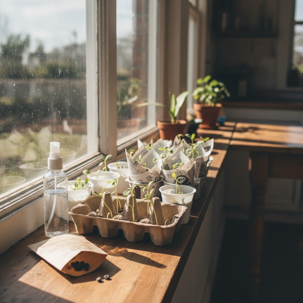 Seeds started in repurposed egg cartons and yogurt cups on a windowsill