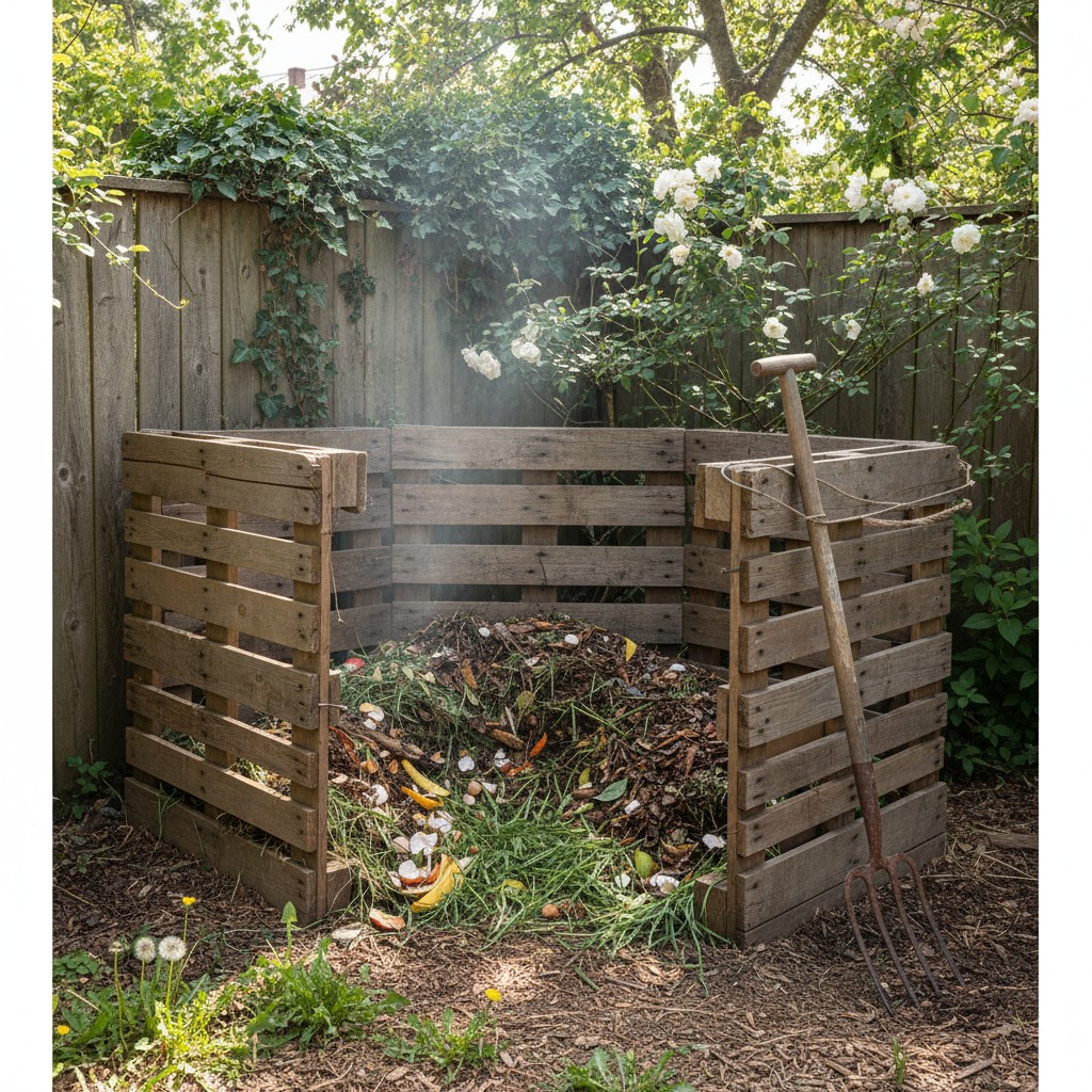 A simple three-pallet compost bin in a backyard corner