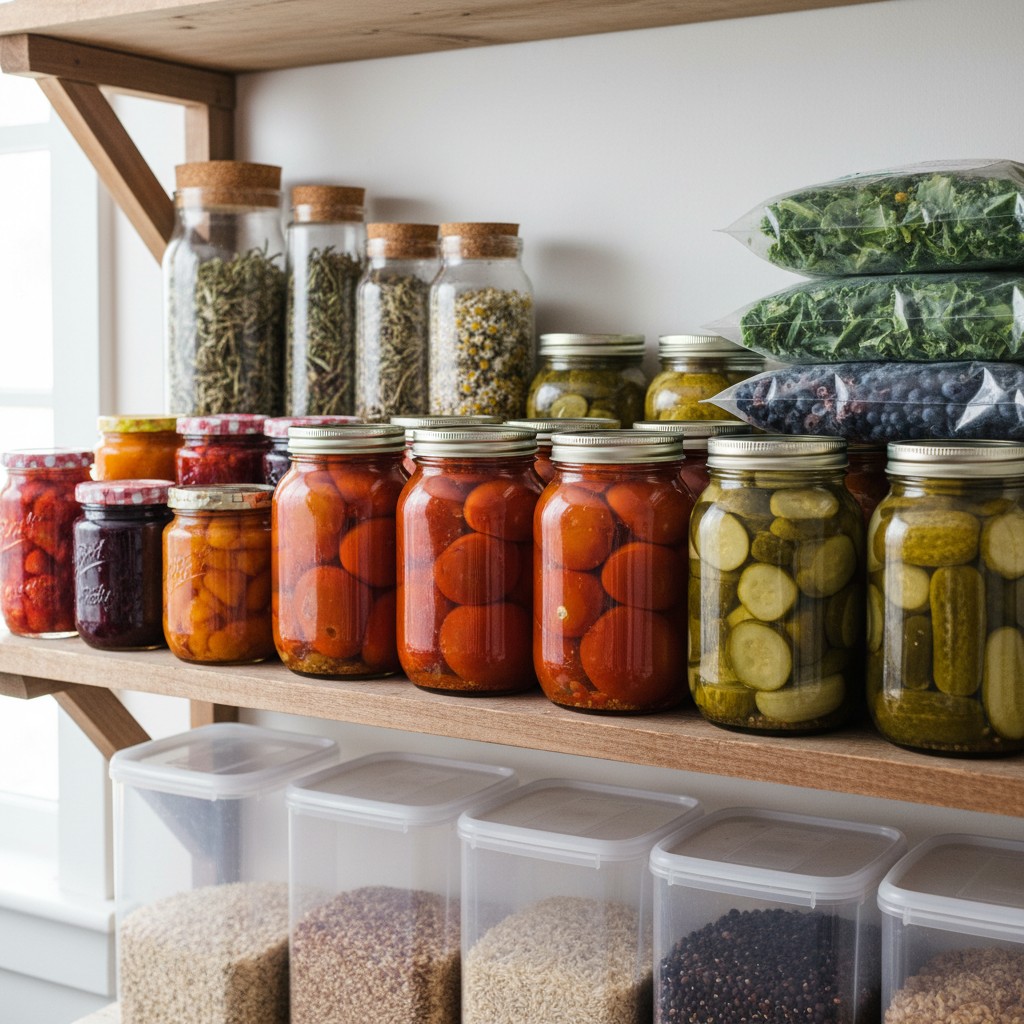 A modest homestead pantry with canned goods, dried herbs, and bulk grains
