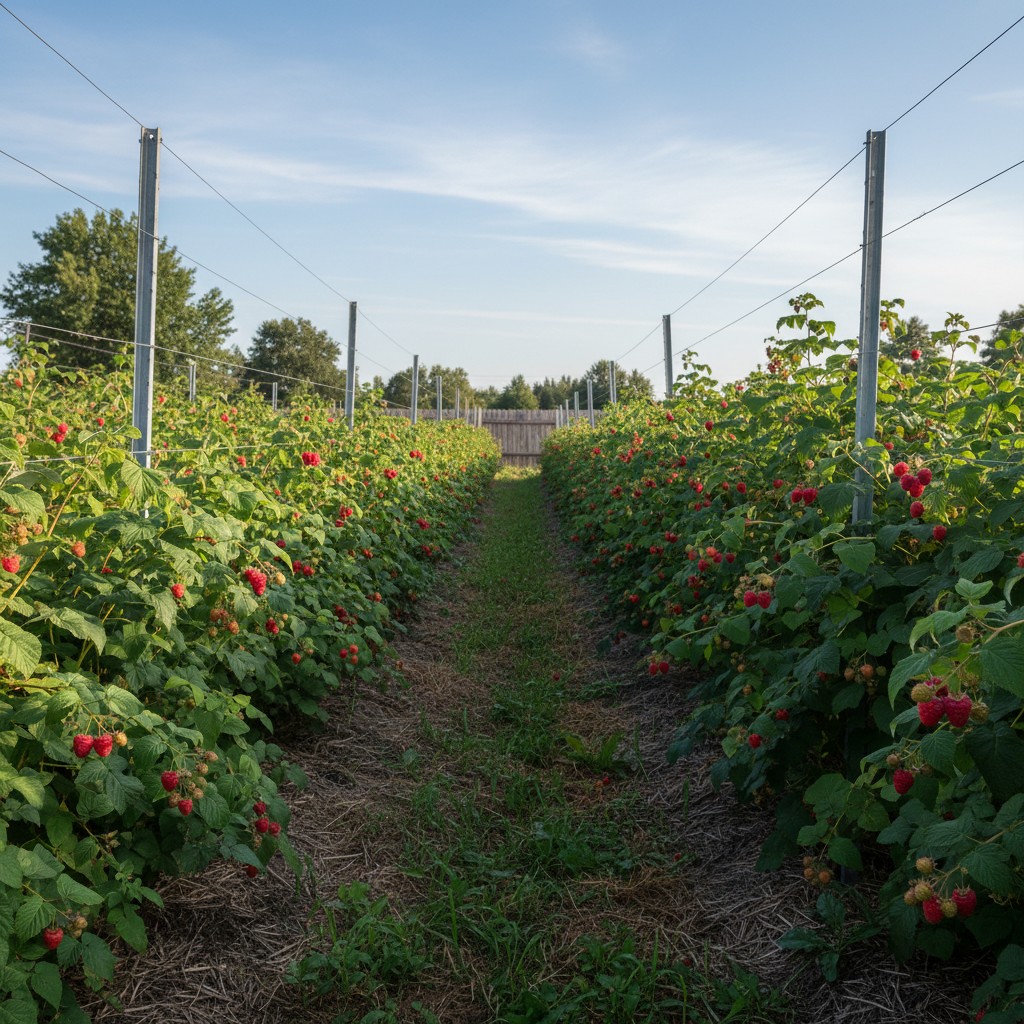 An established raspberry patch with canes loaded with ripe berries on a trellis