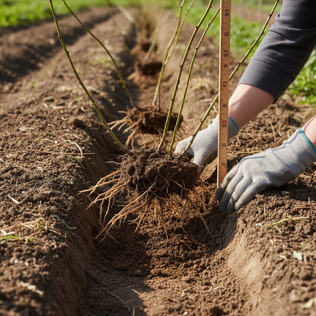 Bare-root raspberry canes being planted in a prepared trench at proper spacing