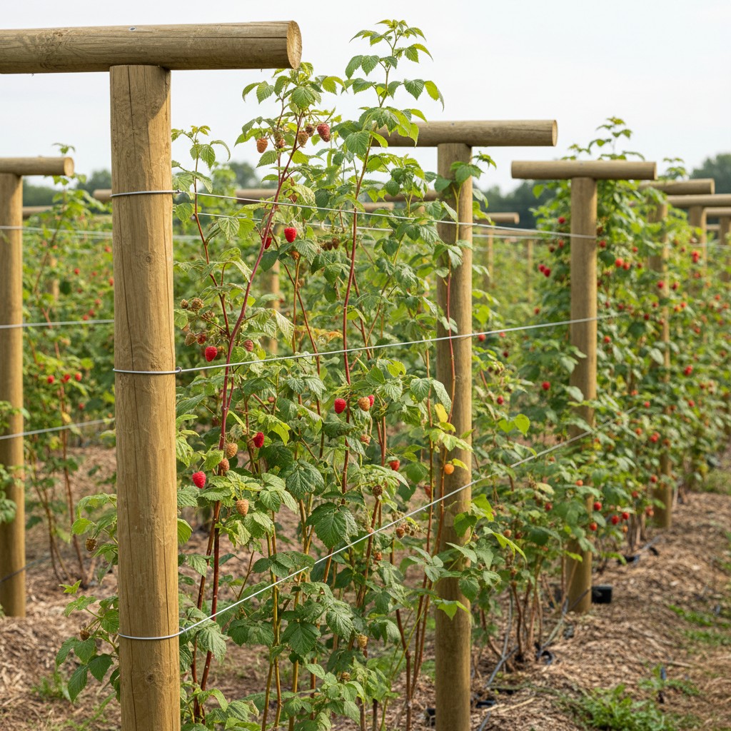 A simple T-bar trellis for raspberries with posts and galvanized wire
