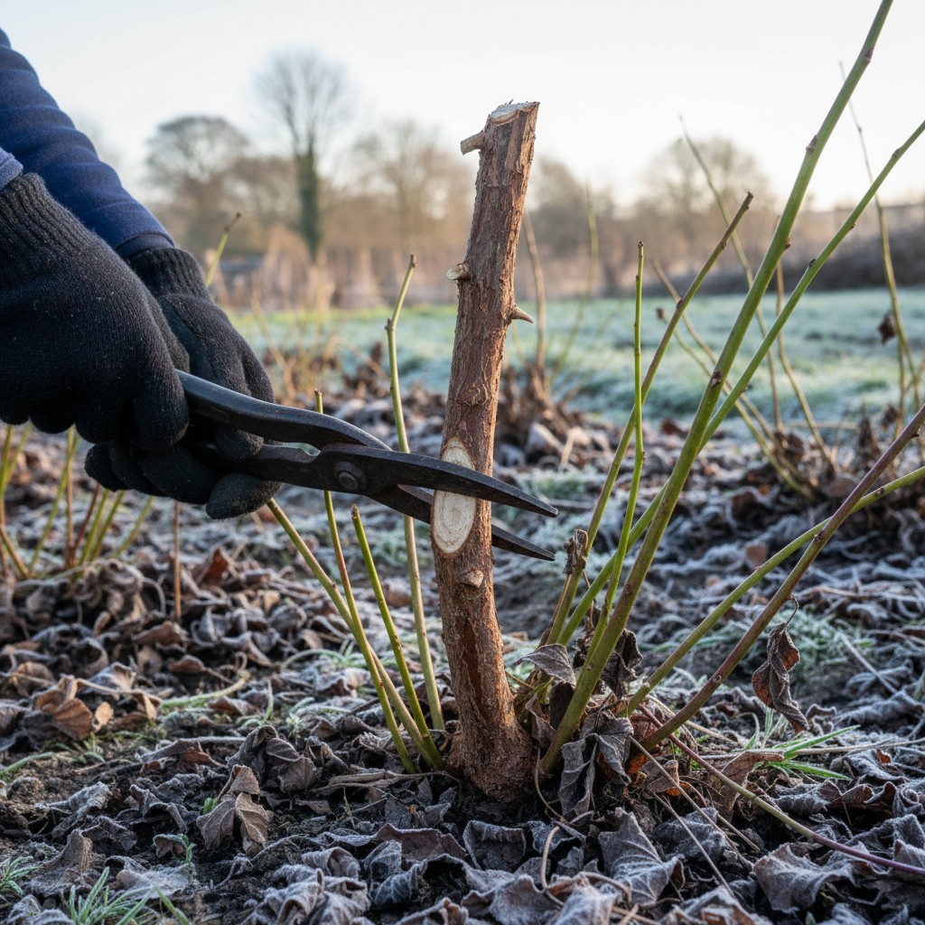 Raspberry canes being pruned with loppers, removing old brown floricanes