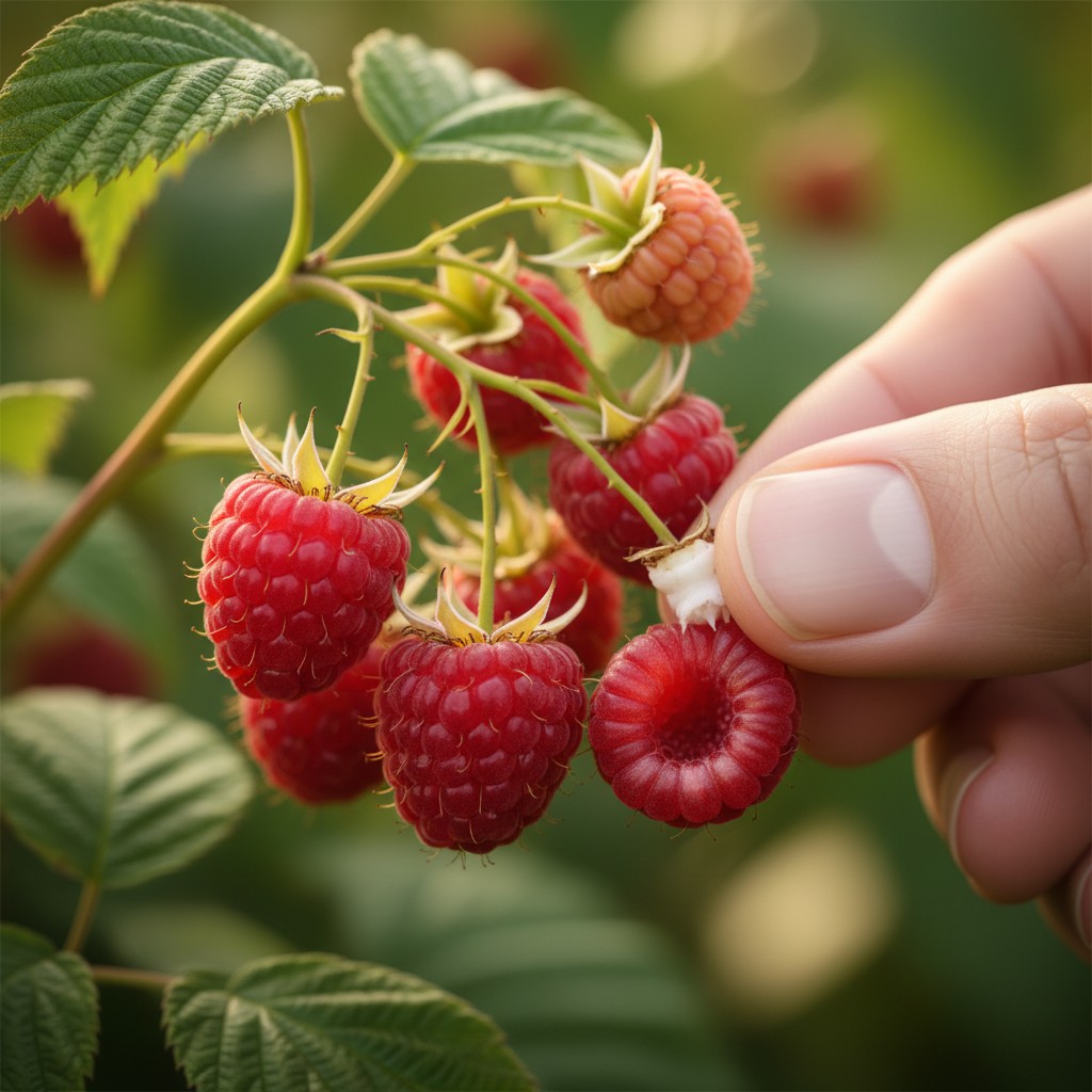 Close-up of ripe red raspberries on the cane being gently picked