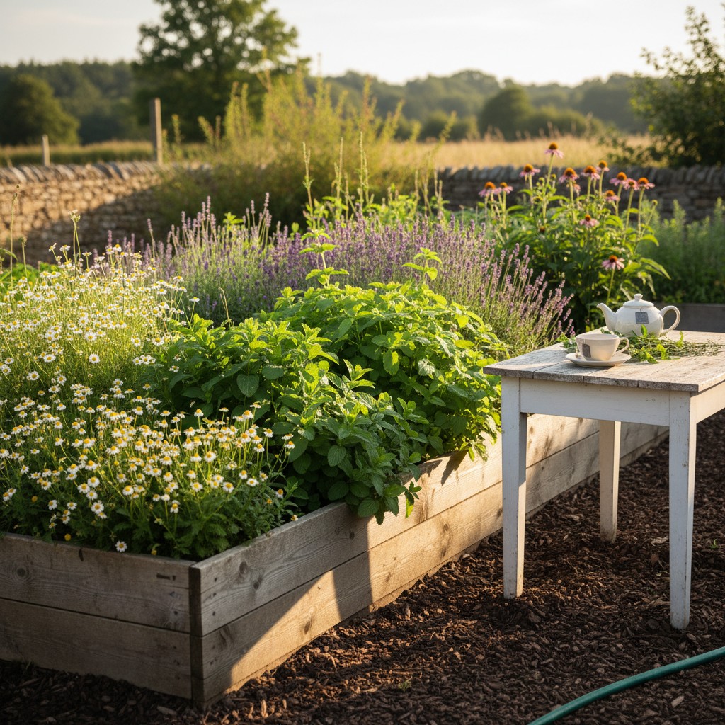 A herbal tea garden with chamomile, mint, lemon balm, lavender, and echinacea
