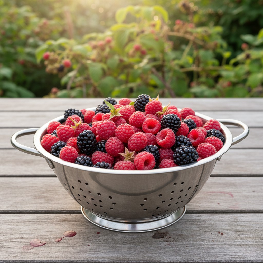 A colander full of freshly picked raspberries and blackberries
