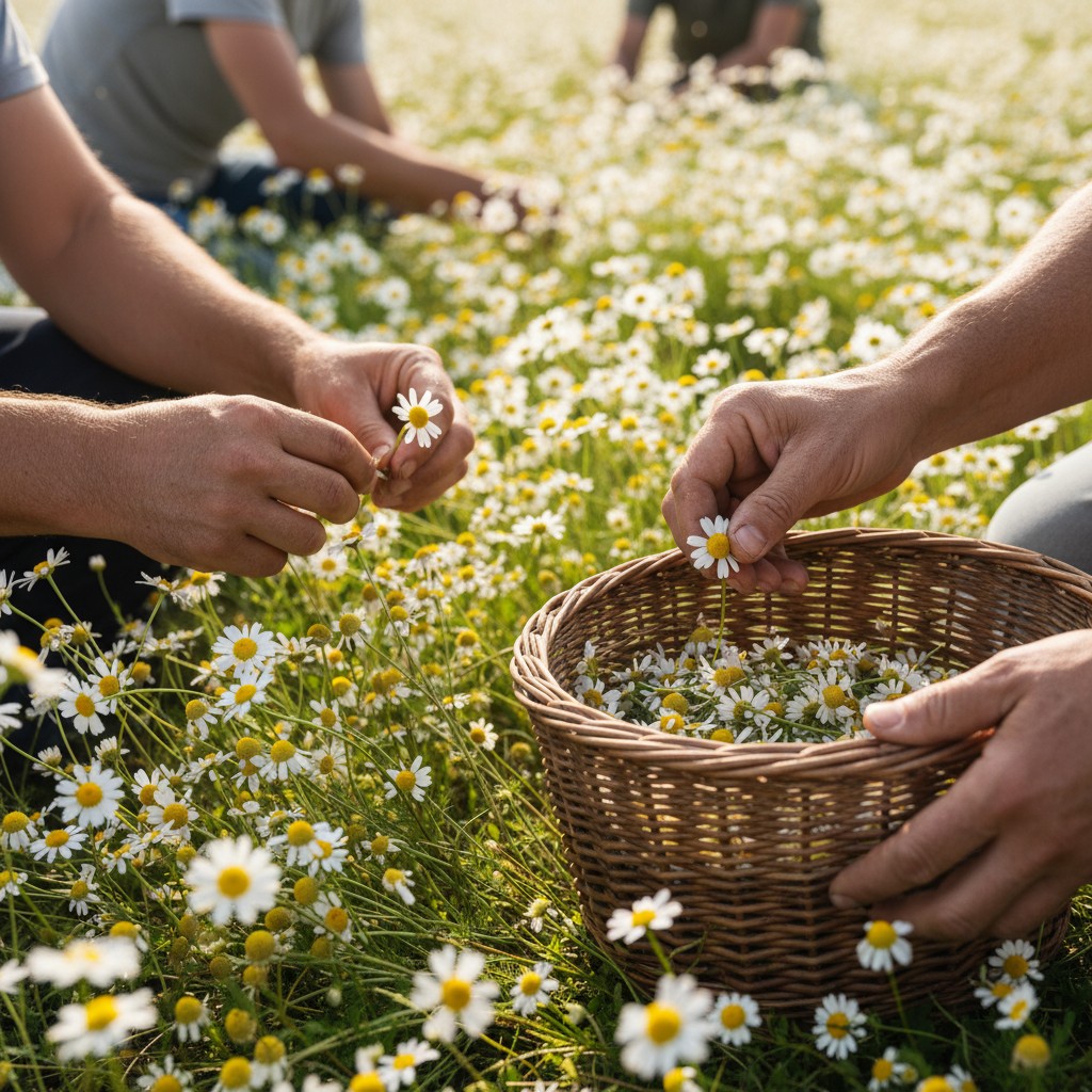 Chamomile flowers being hand-harvested into a basket