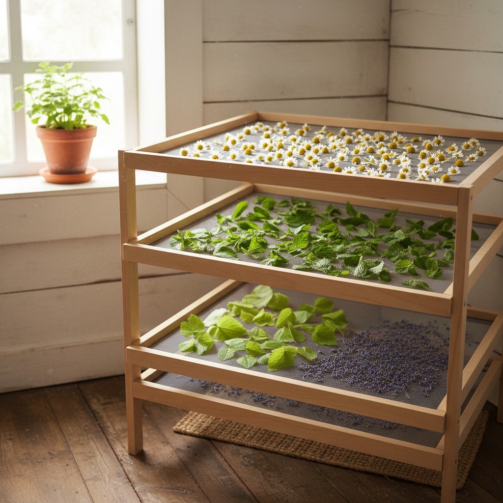 Herbs being dried on mesh screen racks for tea: chamomile, mint, and lavender