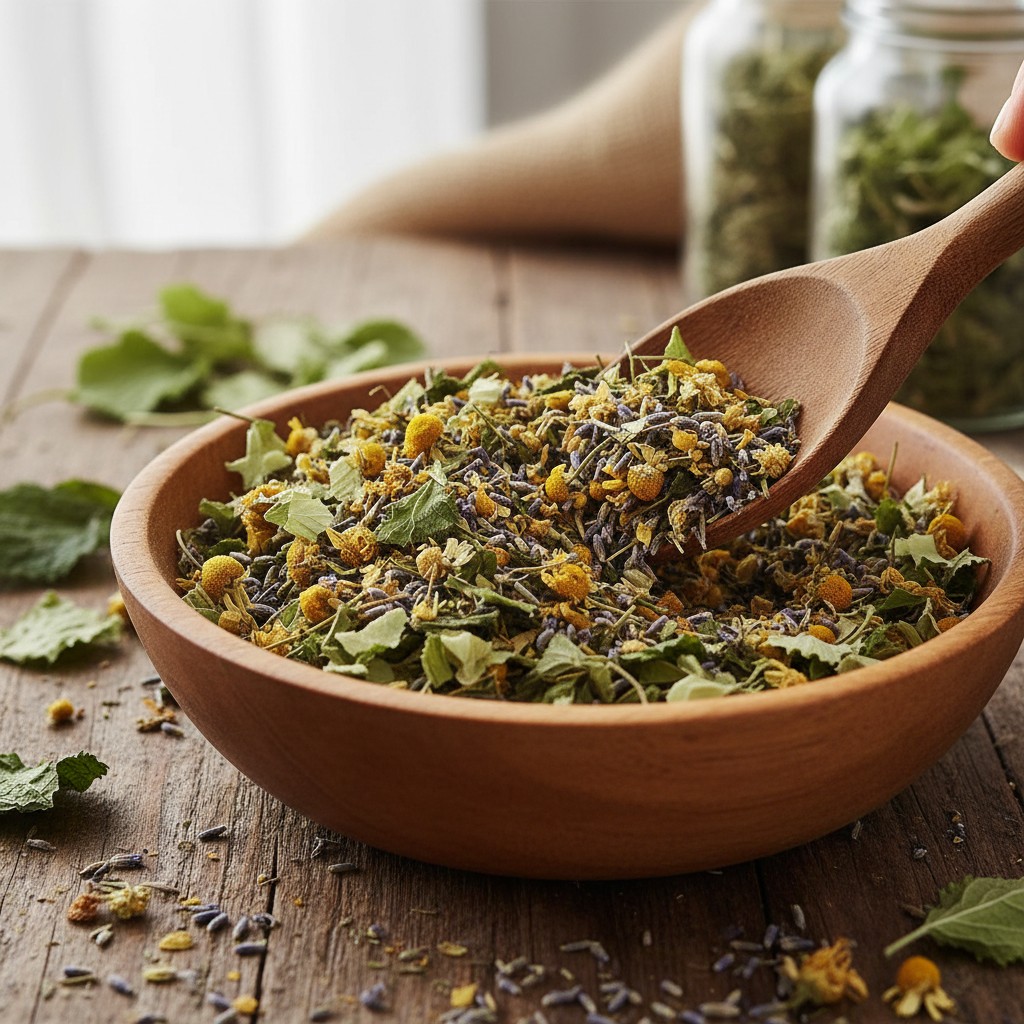 Dried chamomile, mint, lemon balm, and lavender being blended in a wooden bowl
