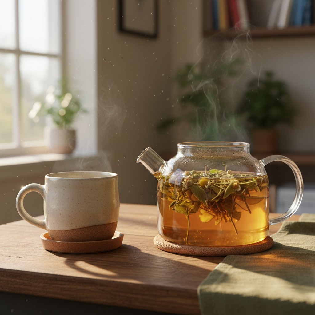 Herbal tea steeping in a clear glass teapot, golden-amber liquid visible