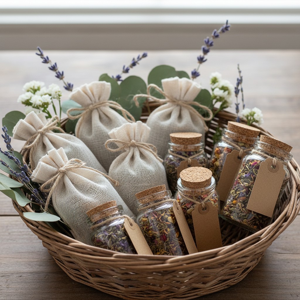 Homemade herbal tea blends in muslin bags and jars arranged as gifts