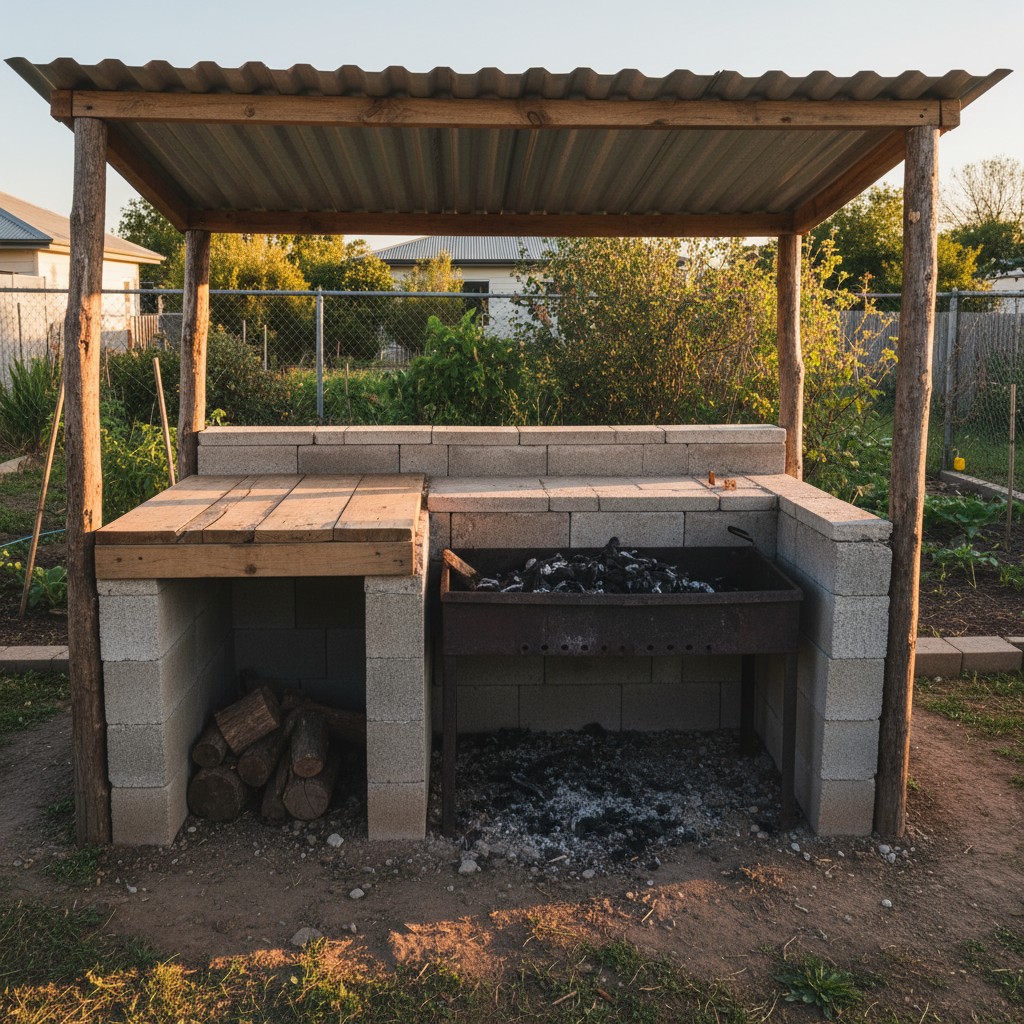 A simple outdoor kitchen with cinder block counter, built-in grill, and metal roof