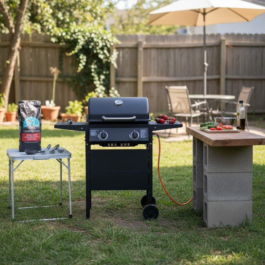 A simple outdoor cooking setup with portable grill and cinder block prep counter
