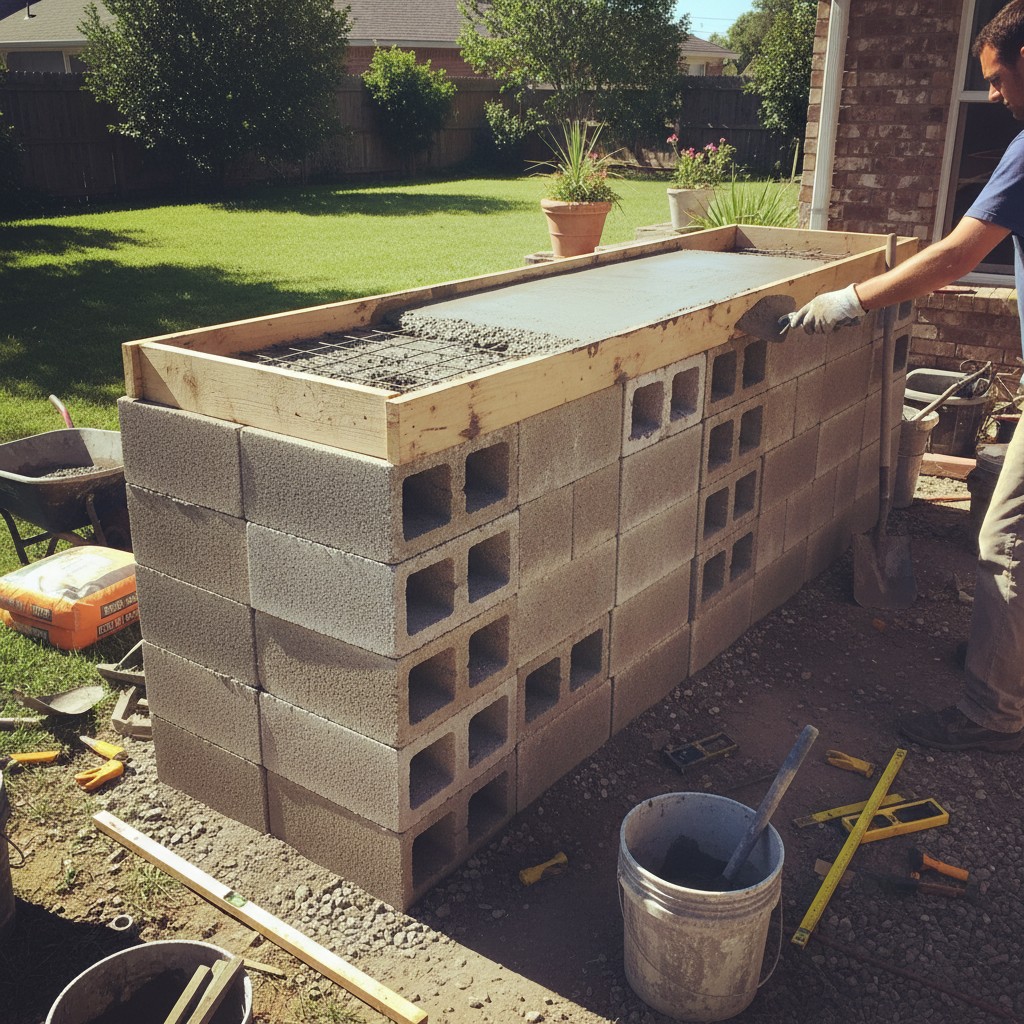 A DIY outdoor kitchen counter being built from stacked cinder blocks