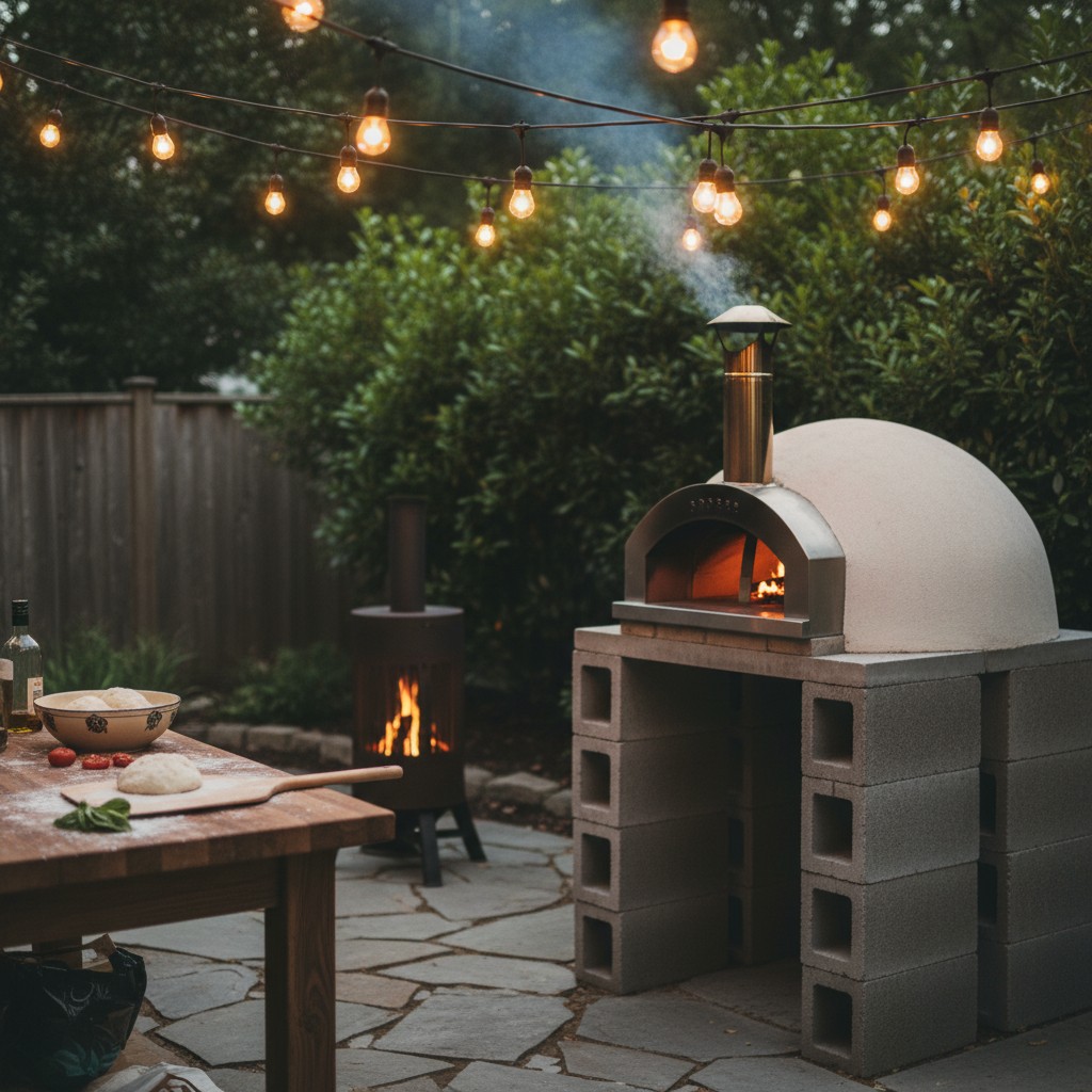 A backyard cooking area with small wood-fired oven and prep counter under string lights