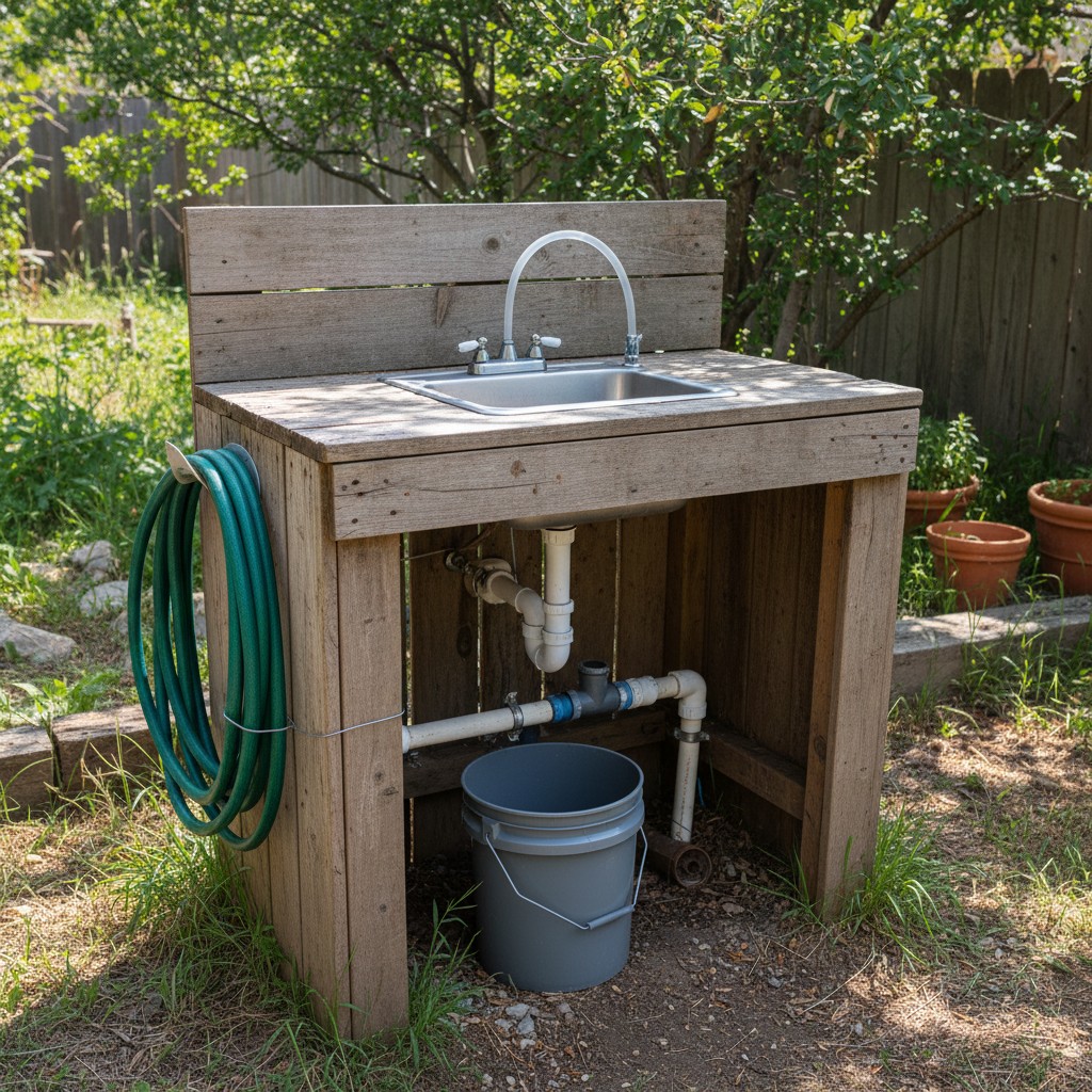 An outdoor kitchen sink with garden hose connection and gray water bucket