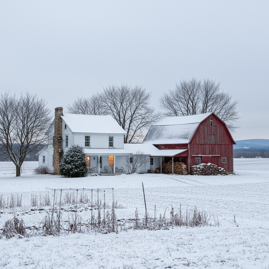 A homestead in December with snow, stacked woodpile, and warm kitchen light