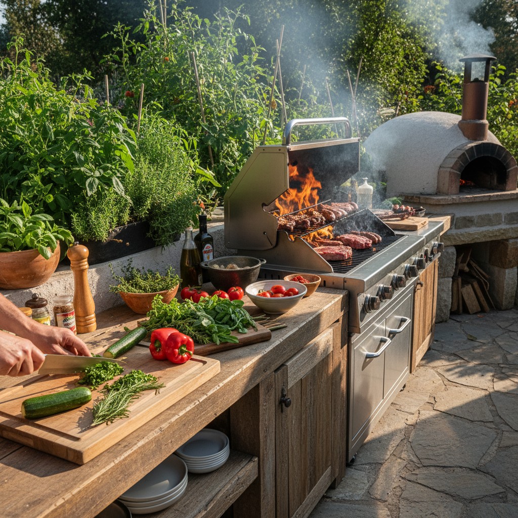 An outdoor kitchen in use with food on the counter, grill fired up, herbs from the garden