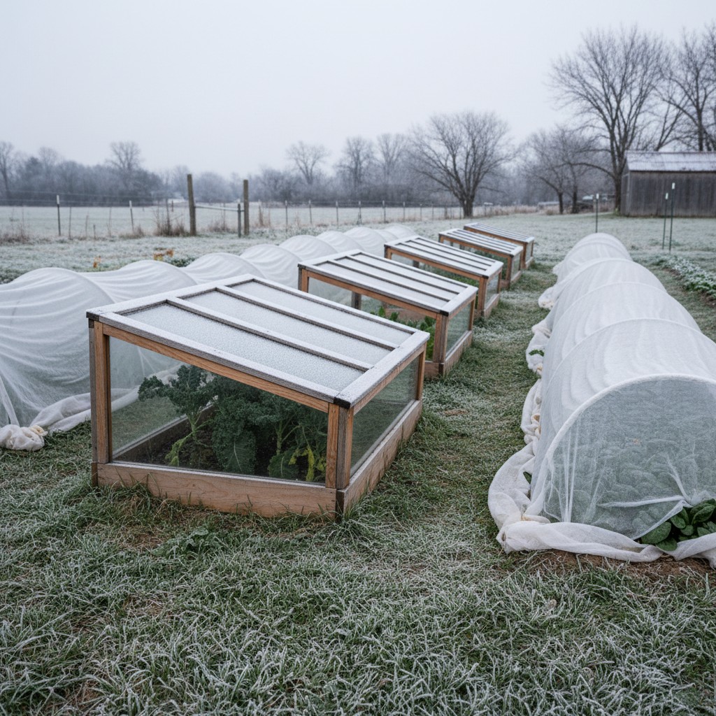 Cold frames and row covers protecting late-season crops in a frosty winter garden