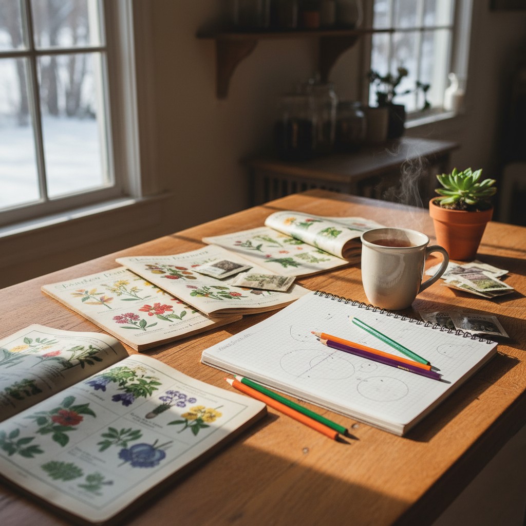 Seed catalogs, garden planning notebook, and tea on a cozy farmhouse table