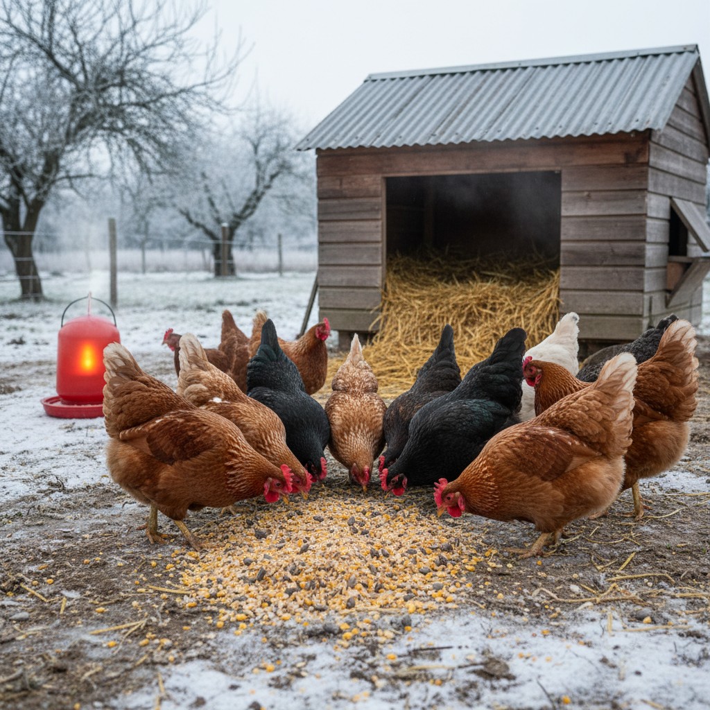 Chickens eating scratch grain on frozen ground near their coop with heated waterer