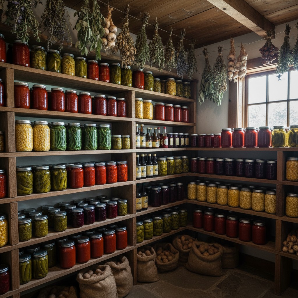 A homestead pantry stocked with canned vegetables, jams, pickles, and dried herbs