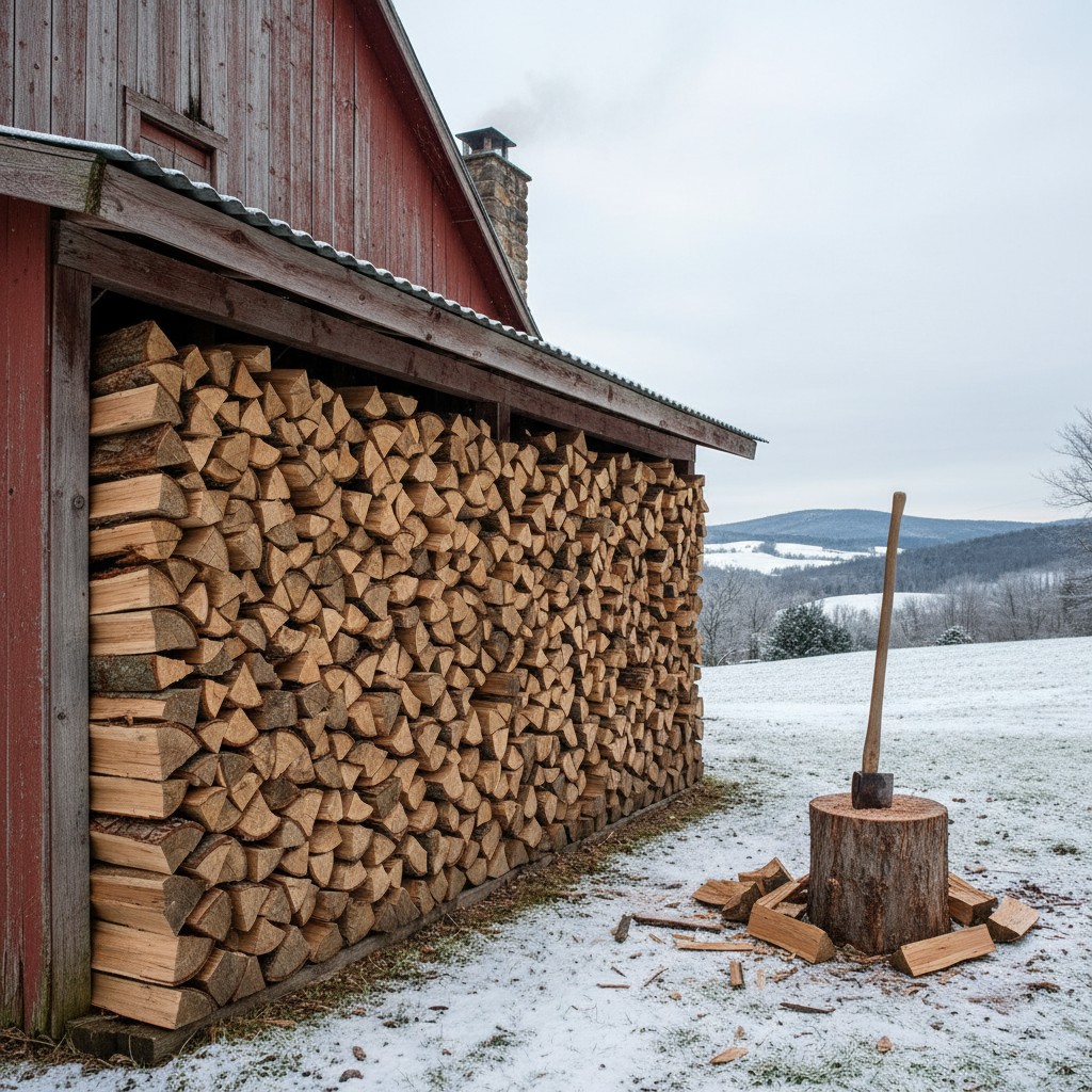 A neatly stacked woodpile under a lean-to shelter with splitting maul nearby