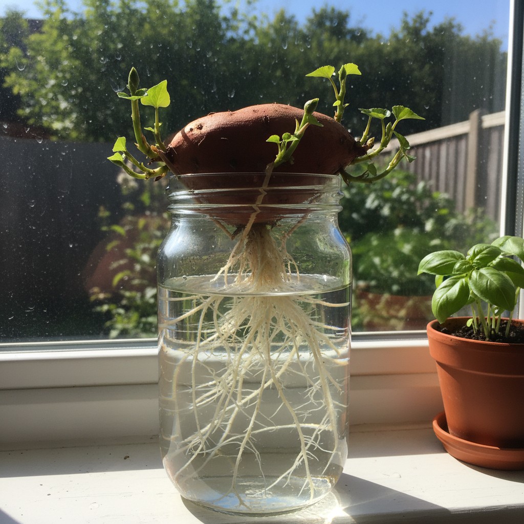 Sweet potato slips growing from a potato in water