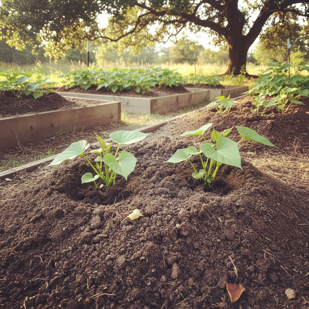 Sweet potato slips being planted in a raised mound