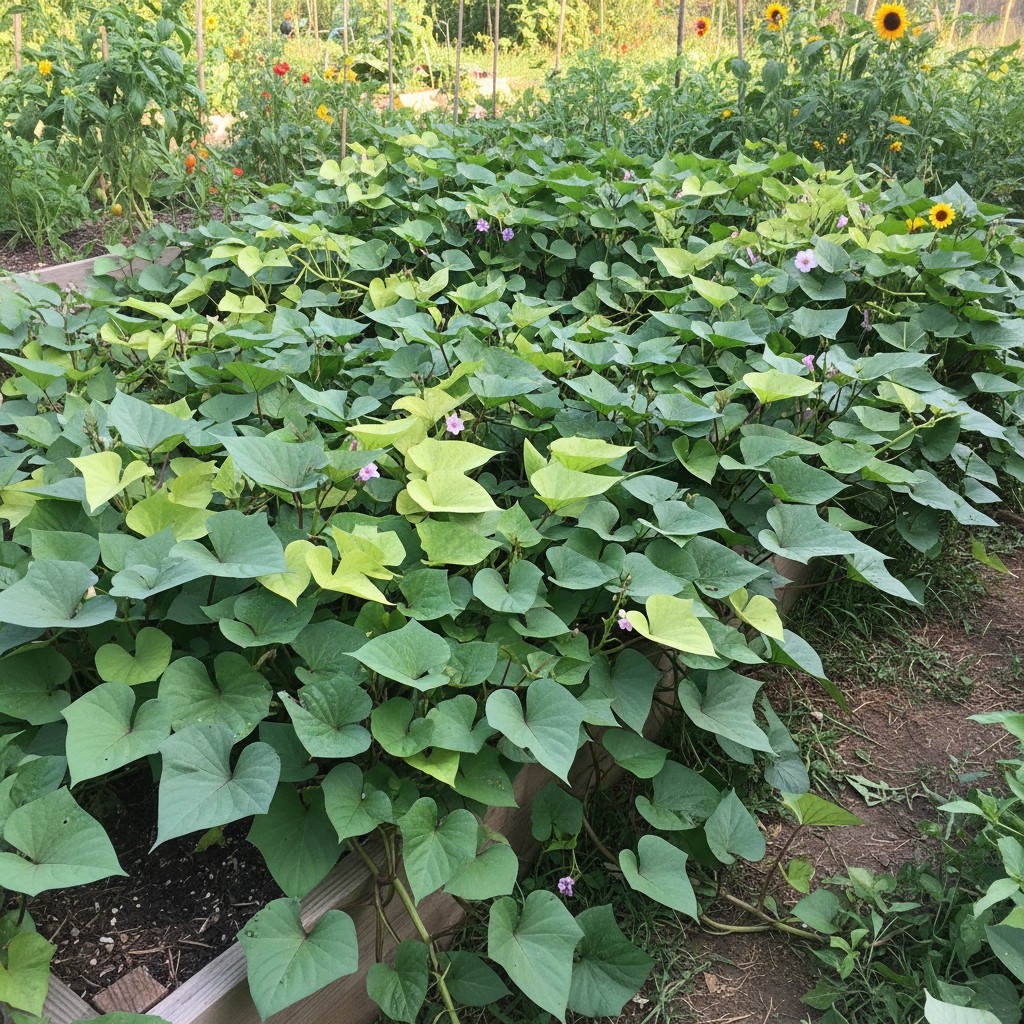 Lush sweet potato vines sprawling across a garden bed